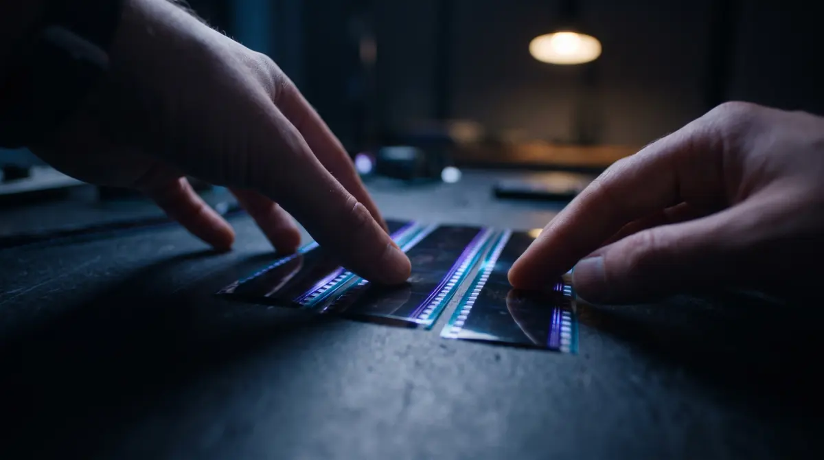 Fingers line up three cut segments of motion-picture film end to end