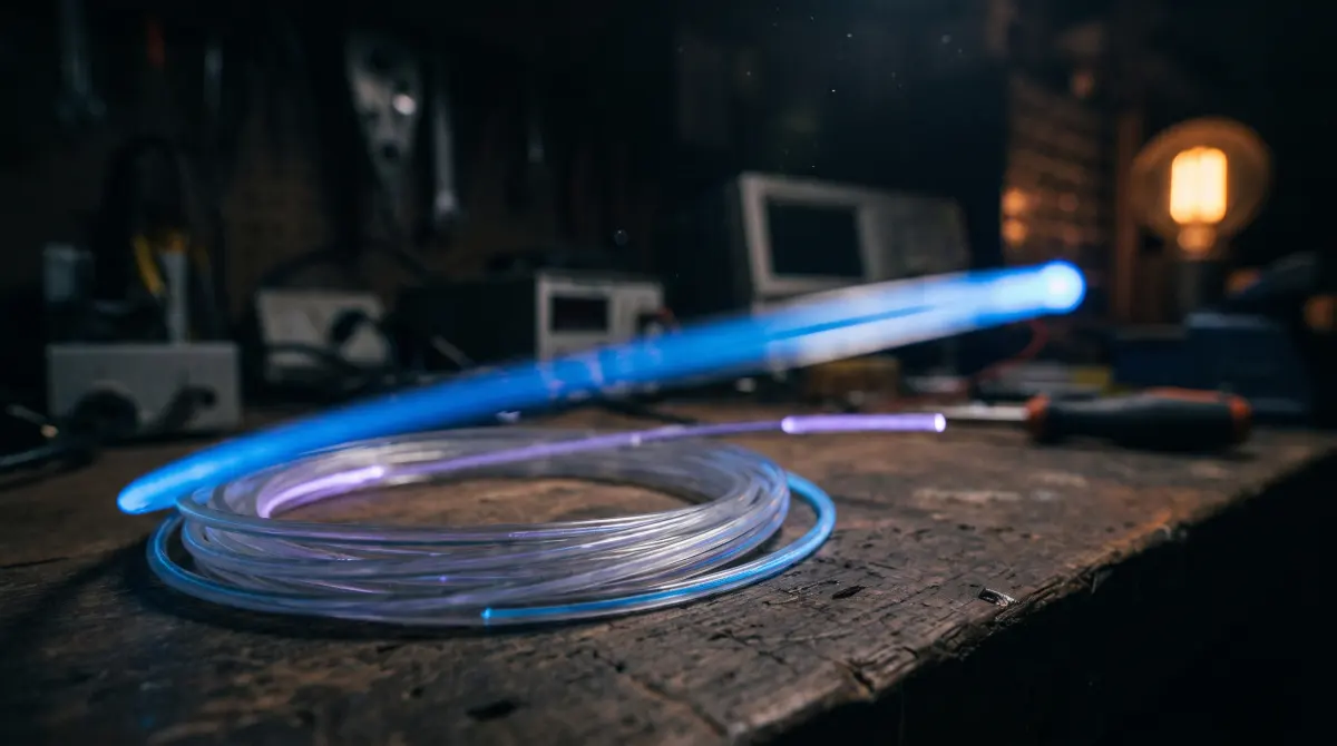 Light pulses race along a coiled fiber-optic cable, a blue streak ahead of violet