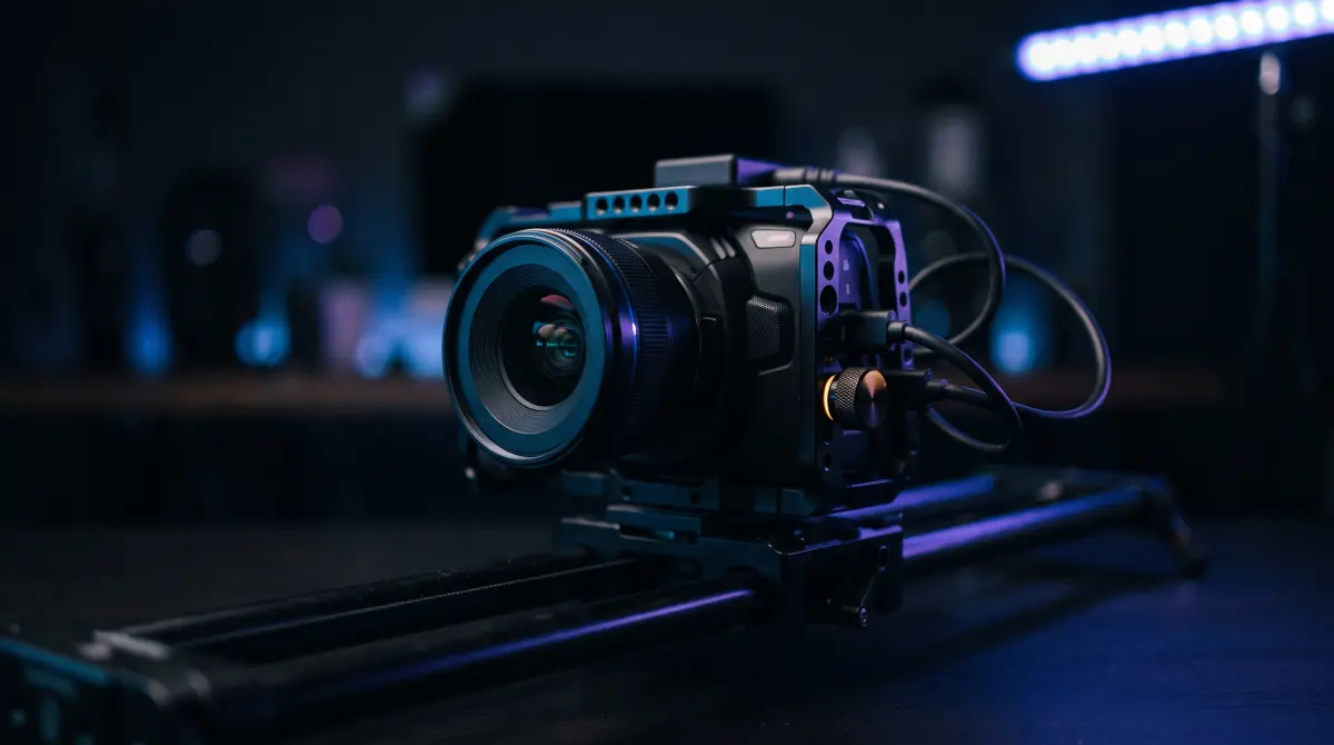 A small cube-shaped cinema camera in a cage on a tabletop slider