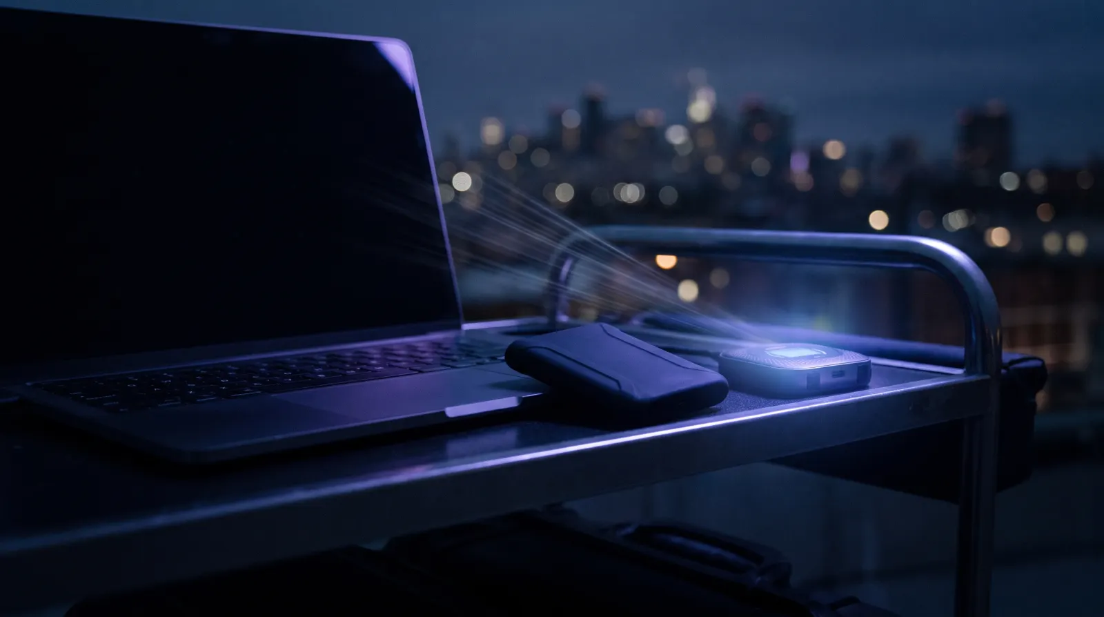 A laptop, a rugged portable SSD and a Wi-Fi hotspot on a location cart at dusk