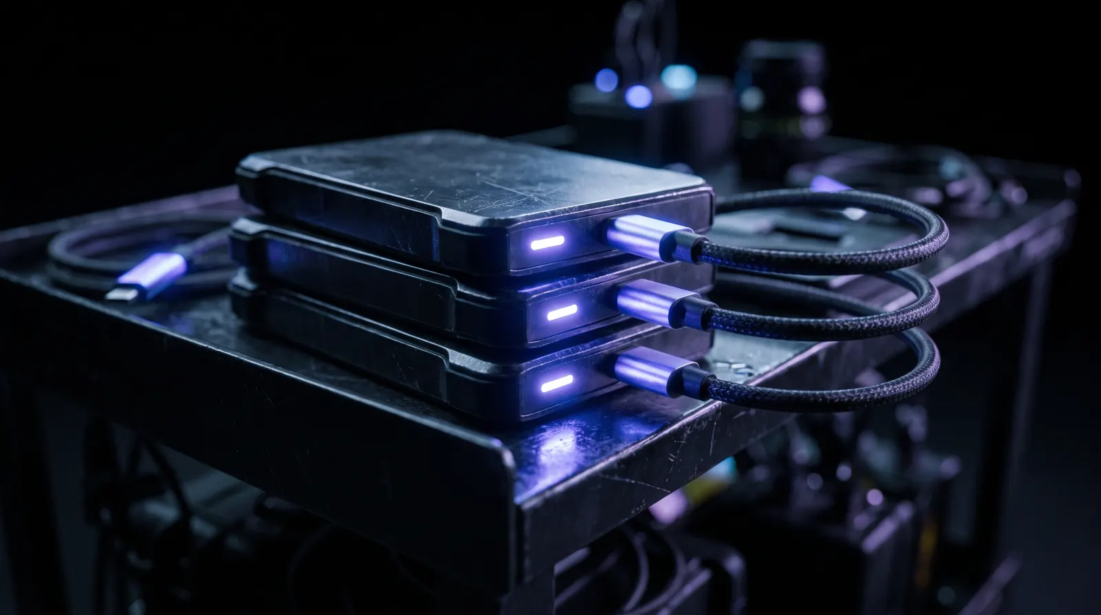 Three rugged external SSDs stacked on a DIT cart with glowing activity lights