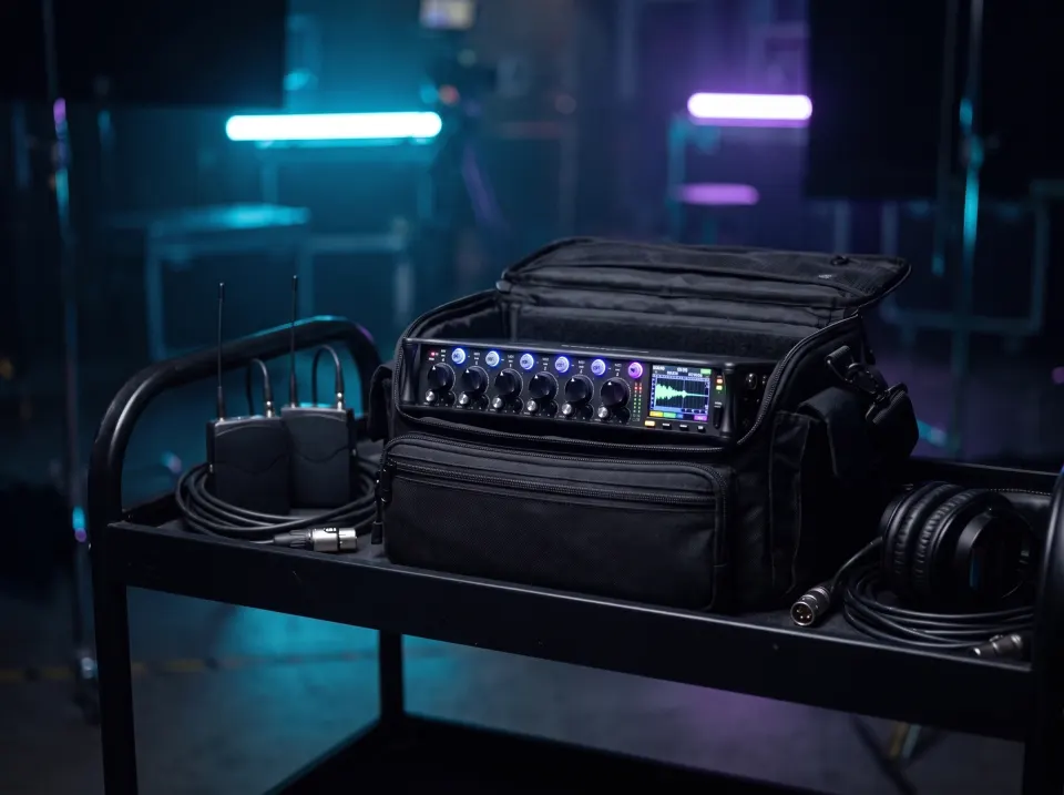A production sound mixer-recorder in a sound bag with wireless receivers and headphones on a cart