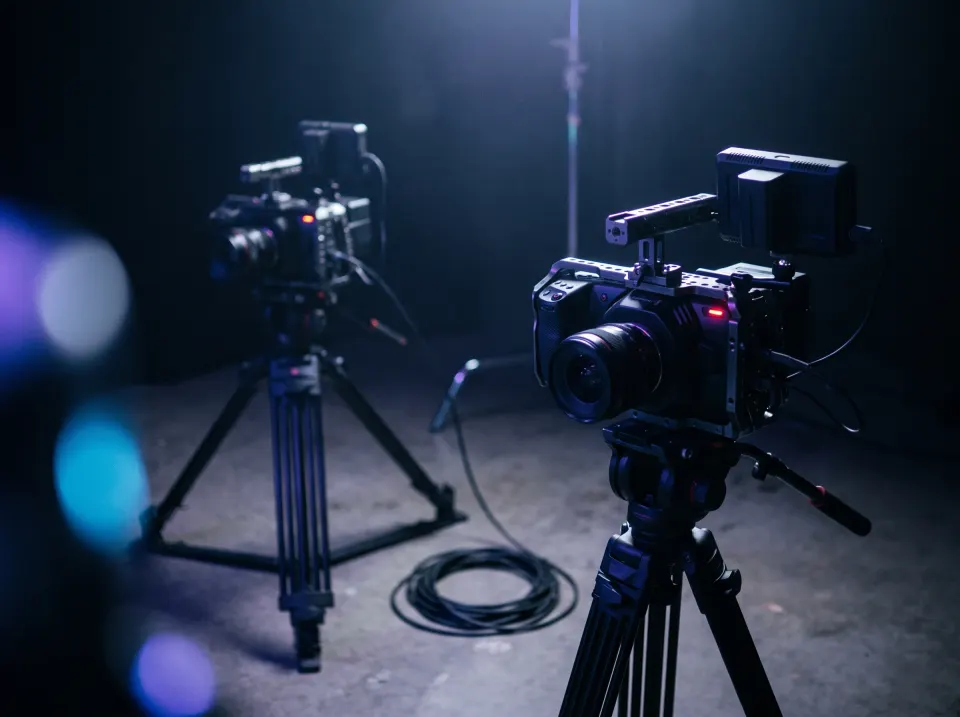 Two rigged compact cinema cameras on tripods on a dark film set