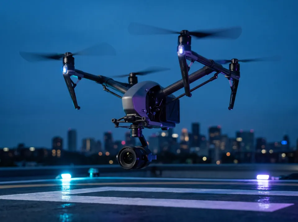 A professional cinema drone with a gimbal camera hovering over a rooftop landing pad at blue hour